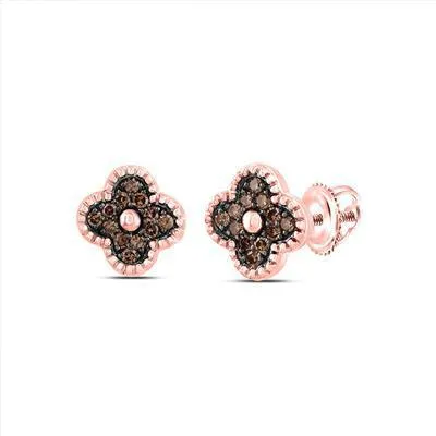 0.20cttw Chocolate Diamond Flower Cluster Stud Earrings 10k Rose Gold Screw Back