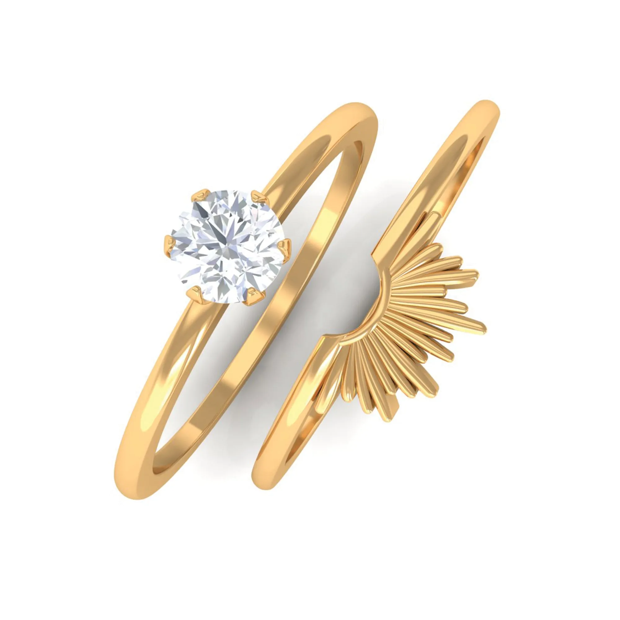 1/4 CT Moissanite Solitaire Gold Sunburst Wedding Ring Set