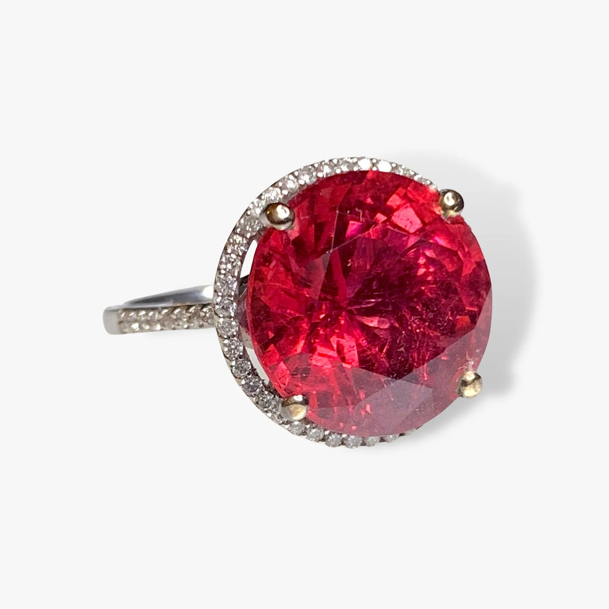 14k White Gold Round Rubellite Diamond Halo Ring
