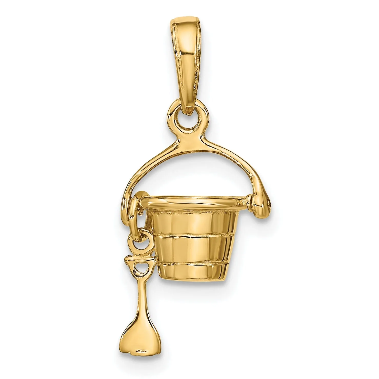 14k Yellow Gold Solid Polished Finish 3-Dimensional Beach Pail with Shovel Charm Pendant