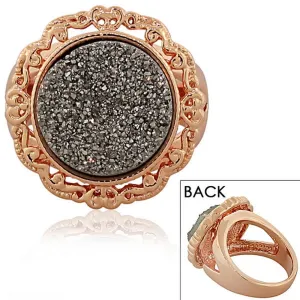 18K Rose Gold Plated Bronze Black Drusy Quartz Glitter Fashion Cocktail Ring