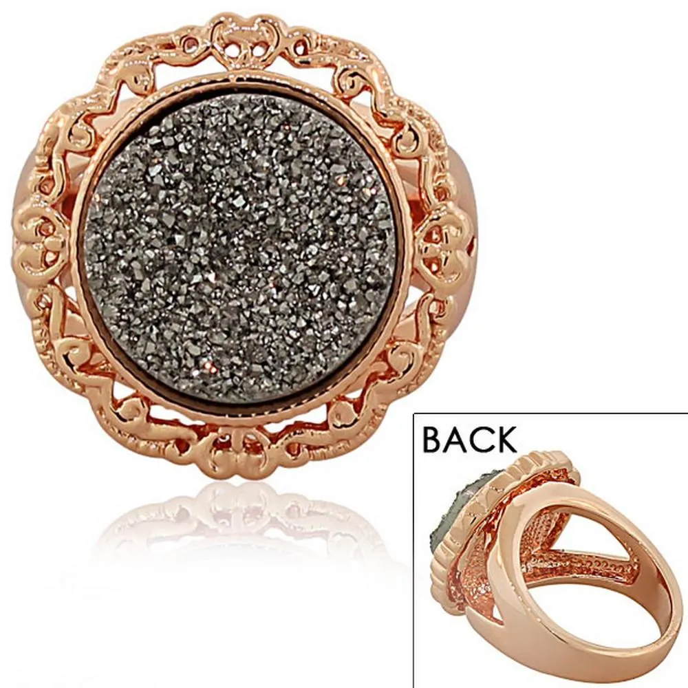 18K Rose Gold Plated Bronze Black Drusy Quartz Glitter Fashion Cocktail Ring