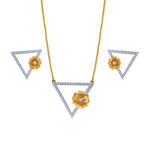 18k Triangular Diamond Necklace Earrings Set With An Intricate Flower