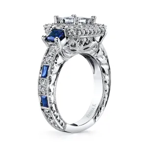 18K White Gold Halo Diamond And Sapphire Engagement Ring