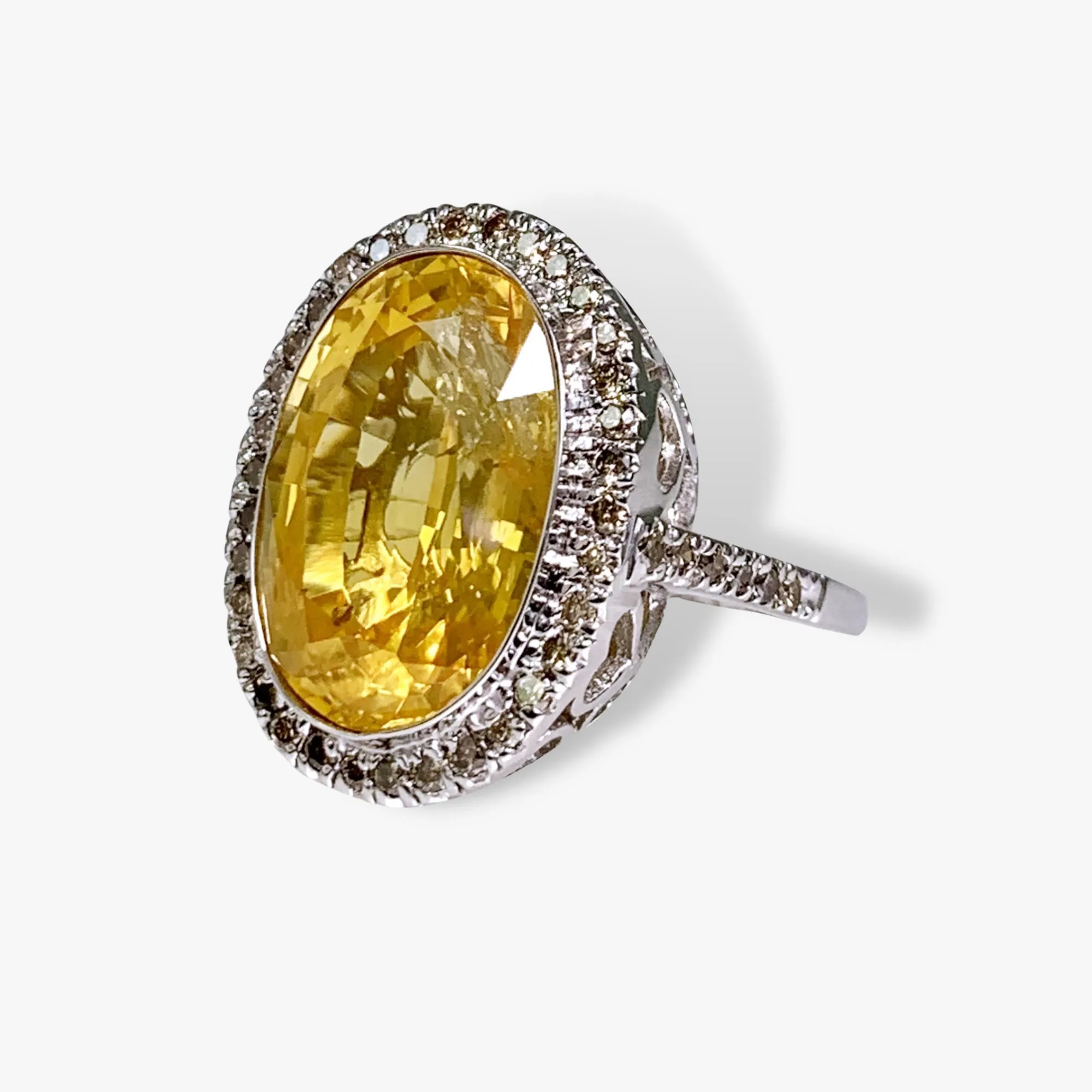 18k Yellow Gold Oval Cut Yellow Sapphire Diamond Halo Cocktail Ring