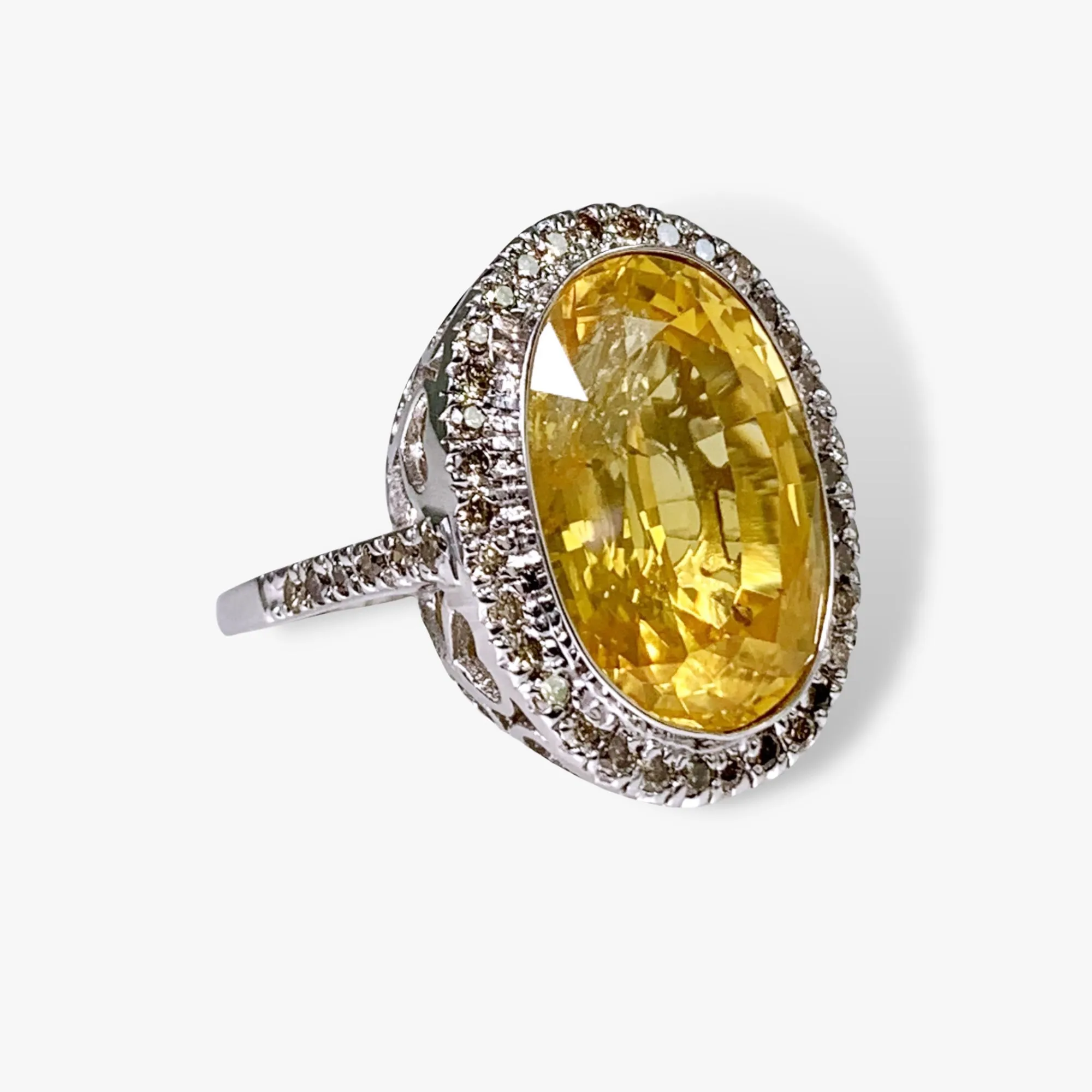 18k Yellow Gold Oval Cut Yellow Sapphire Diamond Halo Cocktail Ring
