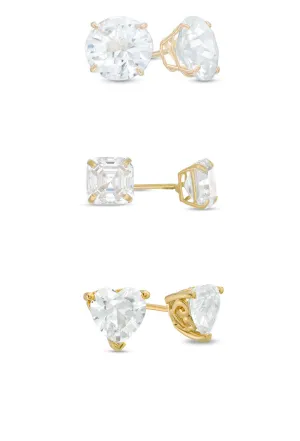 18k Yellow Gold Plated 1/4Cttw 4mm Created White Sapphire 3 Pair Round, Square and Heart Stud Earrings
