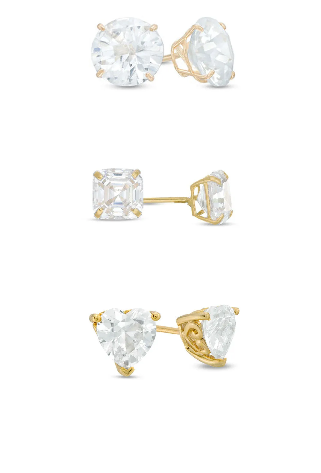 18k Yellow Gold Plated 1/4Cttw 4mm Created White Sapphire 3 Pair Round, Square and Heart Stud Earrings