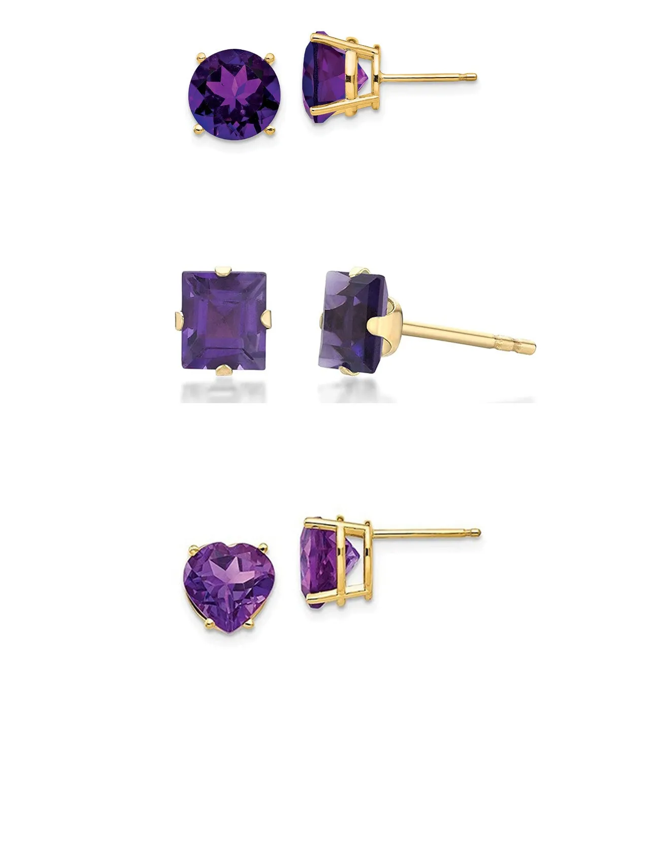 18k Yellow Gold Plated 3Cttw 8mm Created Amethyst 3 Pair Round, Square and Heart Stud Earrings