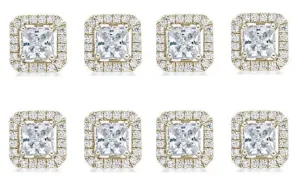 18k Yellow Gold Plated 6mm 2Ct Princess Cut White Sapphire Set of Four Halo Stud Earrings