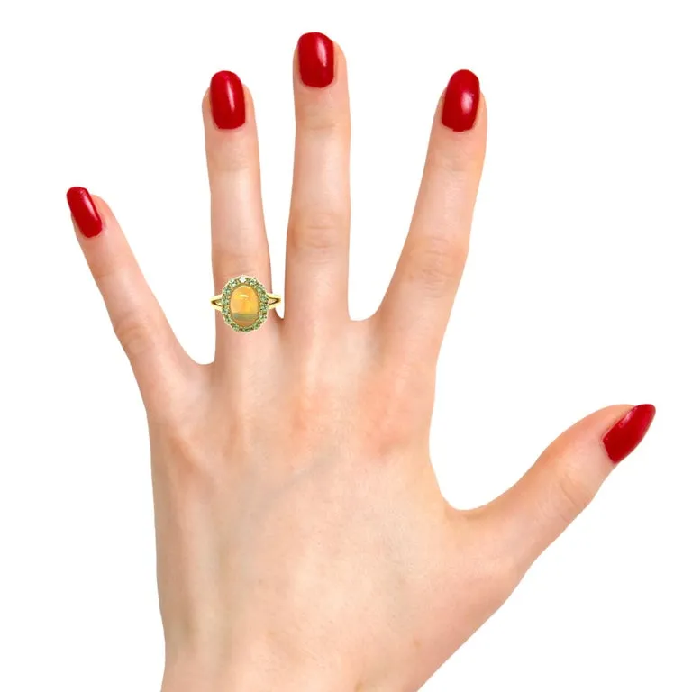 2.40 Carat Opal, Tsavorite Garnet Halo Yellow Gold Cluster Cocktail Ring