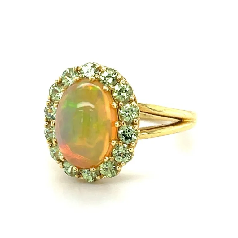 2.40 Carat Opal, Tsavorite Garnet Halo Yellow Gold Cluster Cocktail Ring