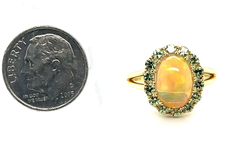 2.40 Carat Opal, Tsavorite Garnet Halo Yellow Gold Cluster Cocktail Ring