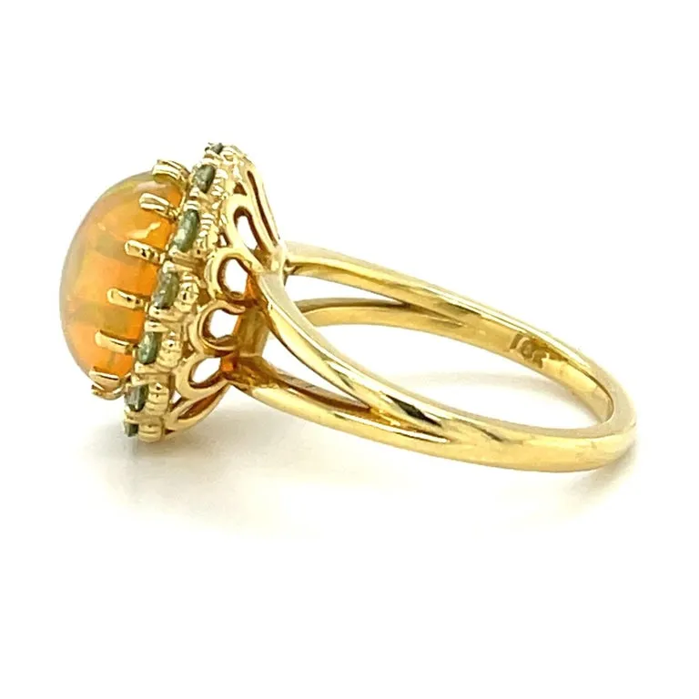 2.40 Carat Opal, Tsavorite Garnet Halo Yellow Gold Cluster Cocktail Ring