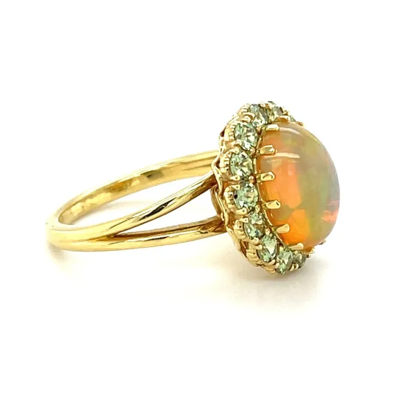 2.40 Carat Opal, Tsavorite Garnet Halo Yellow Gold Cluster Cocktail Ring