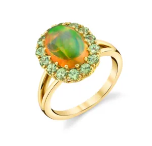 2.40 Carat Opal, Tsavorite Garnet Halo Yellow Gold Cluster Cocktail Ring