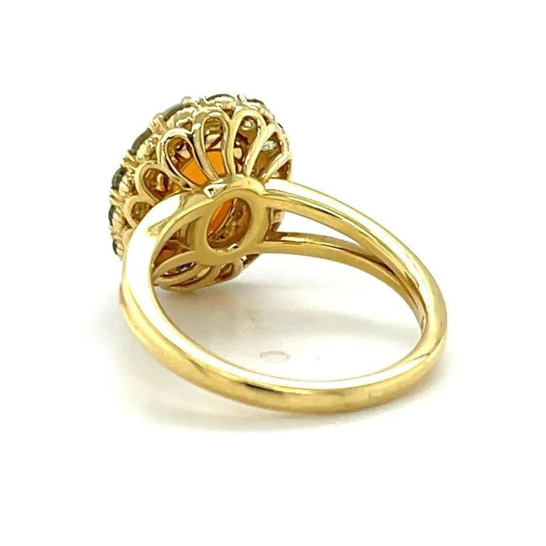2.40 Carat Opal, Tsavorite Garnet Halo Yellow Gold Cluster Cocktail Ring