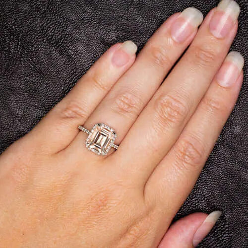 2.7 EMERALD CUT PEACH PINK MORGANITE 0.6 DIAMOND ENGAGEMENT RING HALO WHITE GOLD