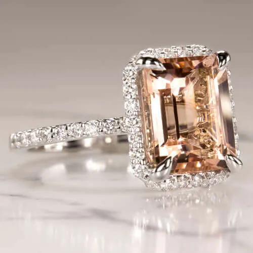2.7 EMERALD CUT PEACH PINK MORGANITE 0.6 DIAMOND ENGAGEMENT RING HALO WHITE GOLD