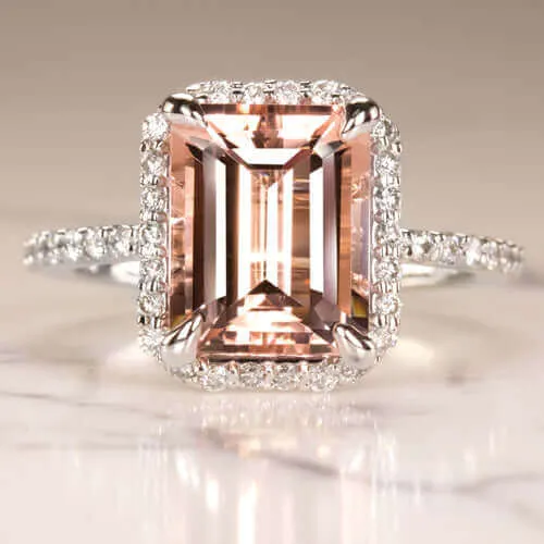 2.7 EMERALD CUT PEACH PINK MORGANITE 0.6 DIAMOND ENGAGEMENT RING HALO WHITE GOLD