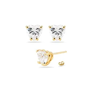 2.80 Cts of 6 mm AA Heart Cut Cubic Zirconia Stud Earrings in 14K Yellow Gold