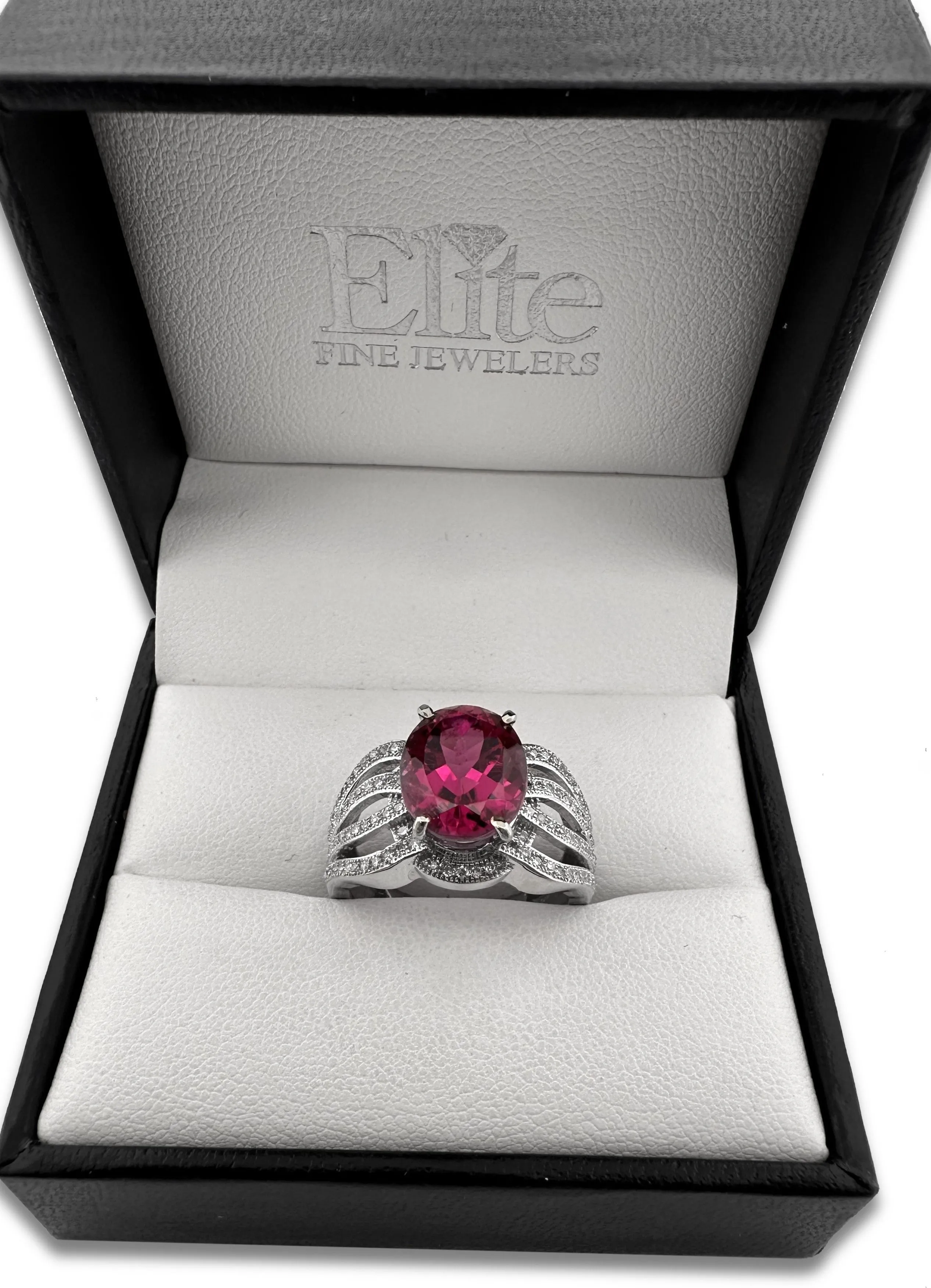 3.75cts Oval Rubellite Tourmaline and Diamond Cocktail Ring in 10k White Gold