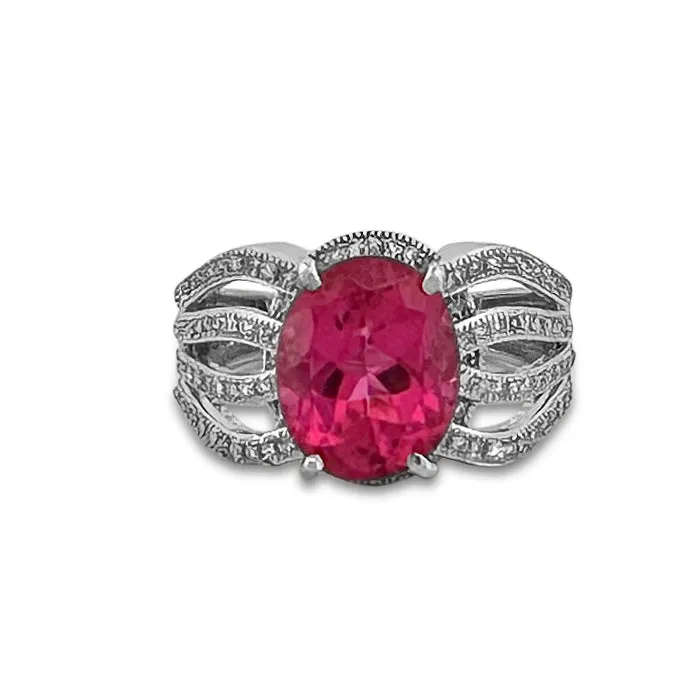 3.75cts Oval Rubellite Tourmaline and Diamond Cocktail Ring in 10k White Gold