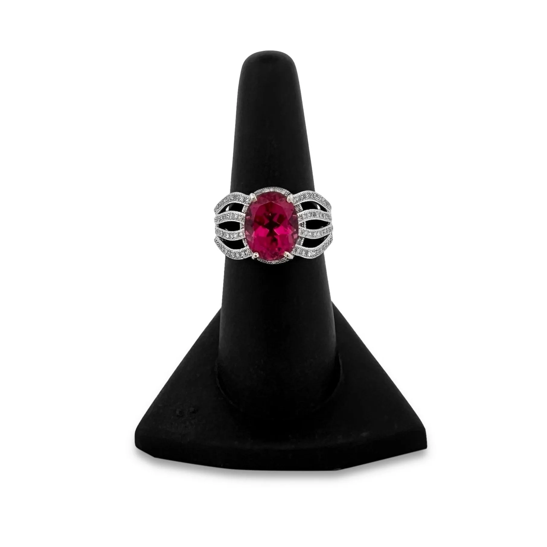 3.75cts Oval Rubellite Tourmaline and Diamond Cocktail Ring in 10k White Gold