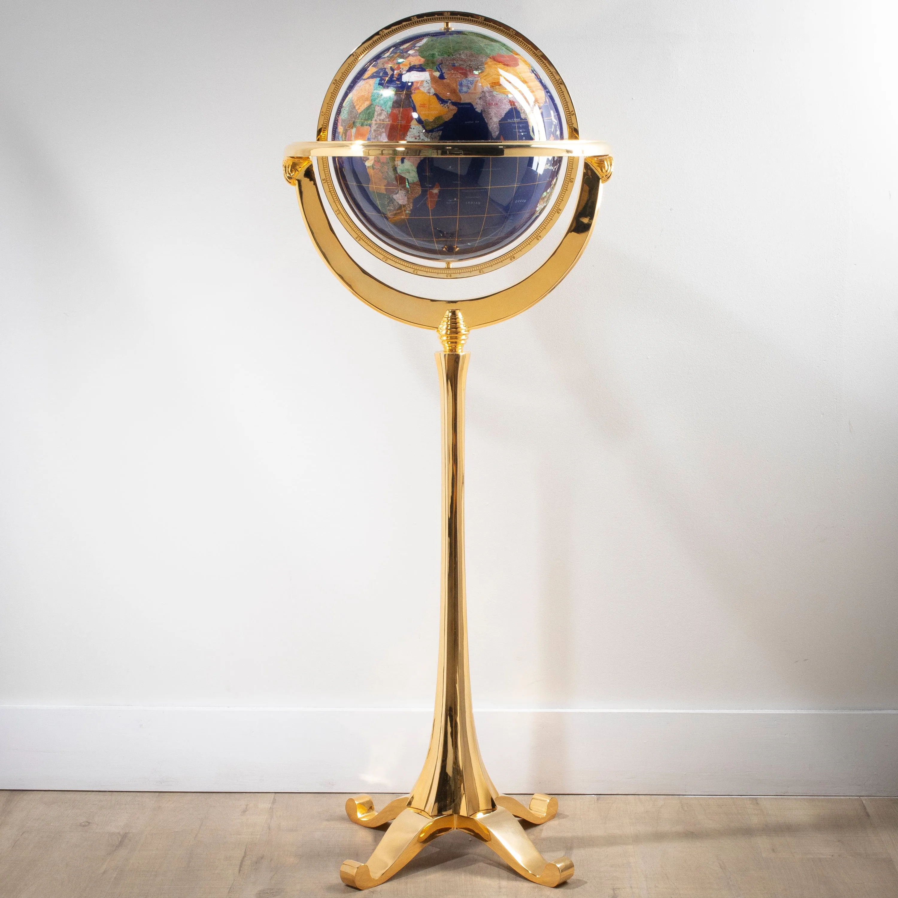 49" Tall Gemstone Globe with 13" Lapis Ocean on 24k Gold Plated Navigator 4-Leg Stand