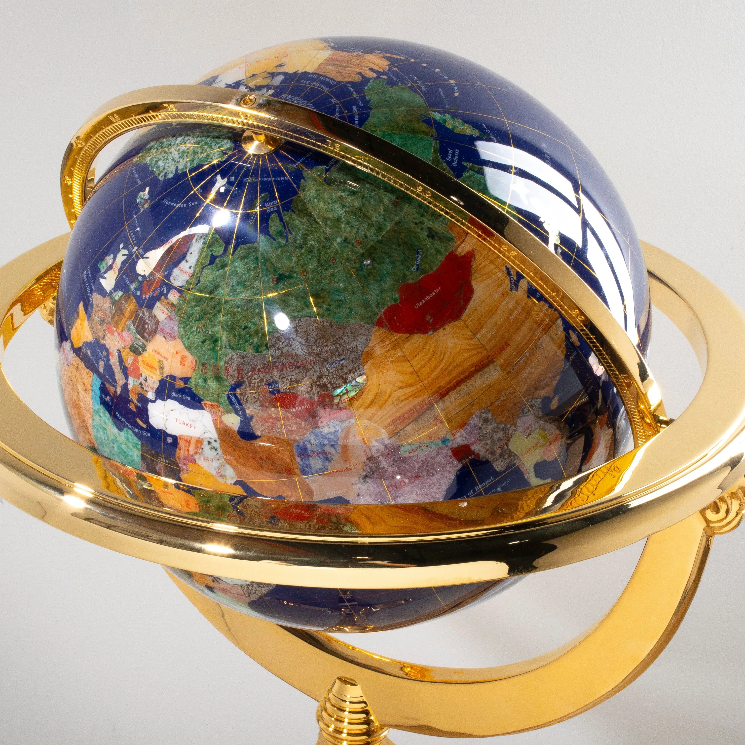 49" Tall Gemstone Globe with 13" Lapis Ocean on 24k Gold Plated Navigator 4-Leg Stand