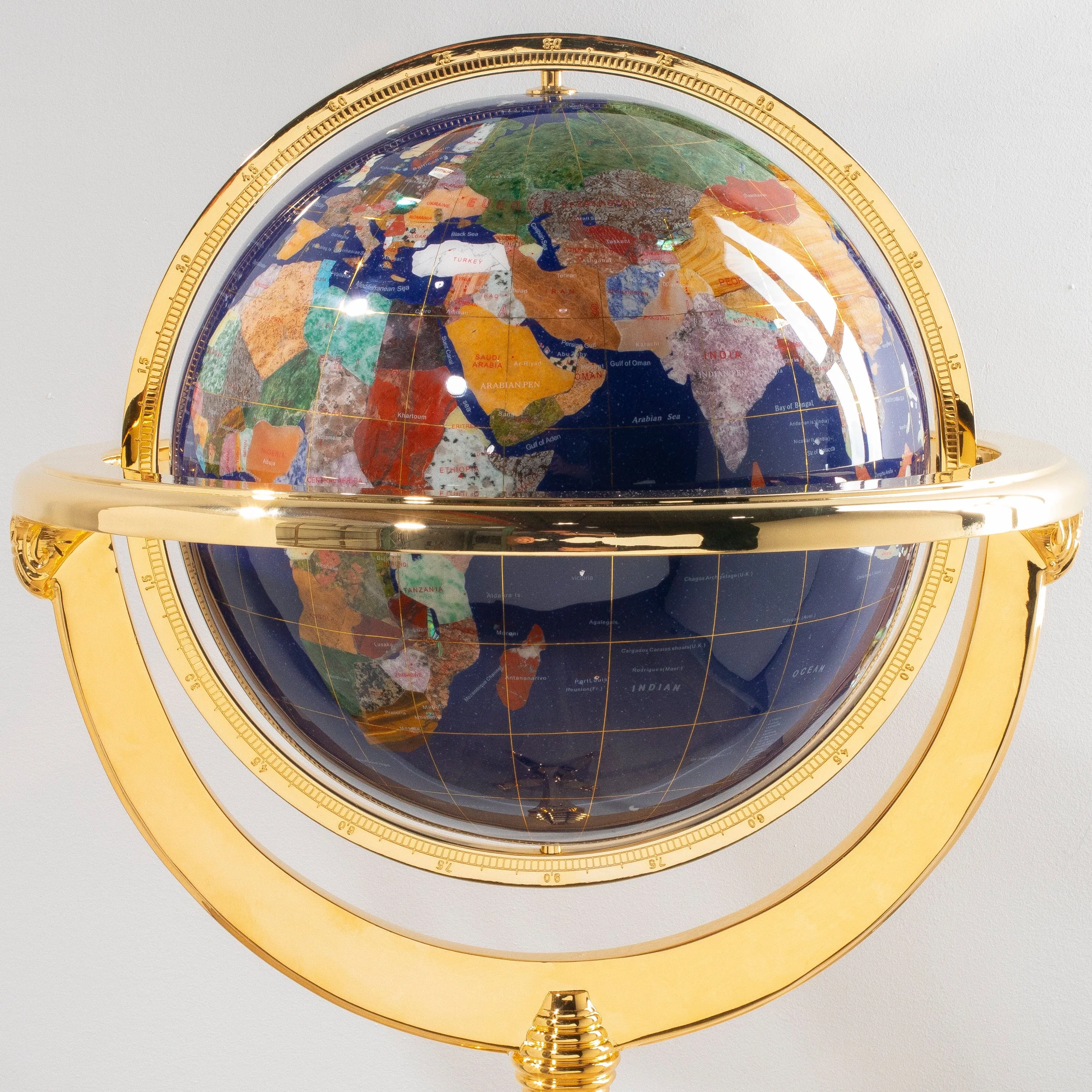 49" Tall Gemstone Globe with 13" Lapis Ocean on 24k Gold Plated Navigator 4-Leg Stand