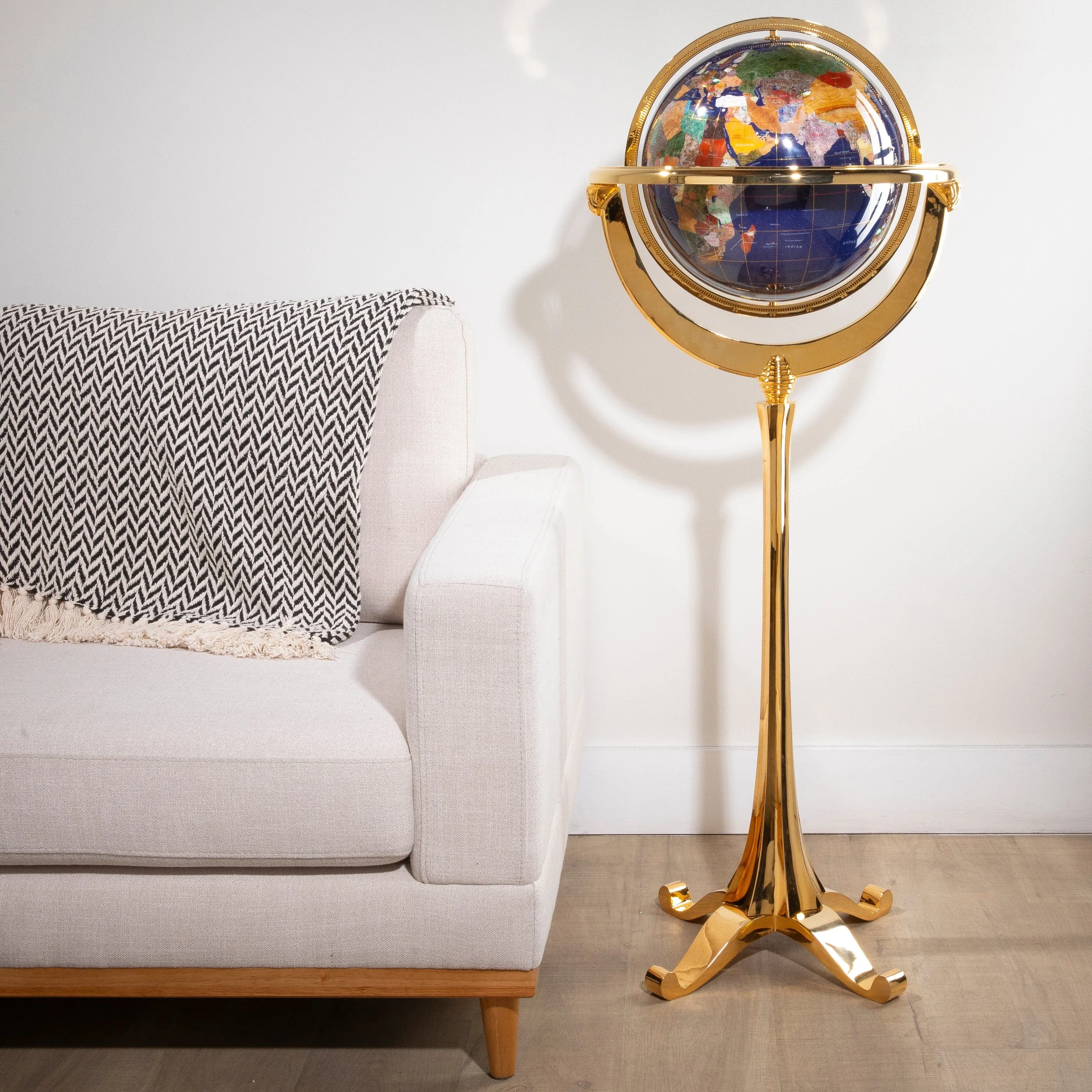49" Tall Gemstone Globe with 13" Lapis Ocean on 24k Gold Plated Navigator 4-Leg Stand
