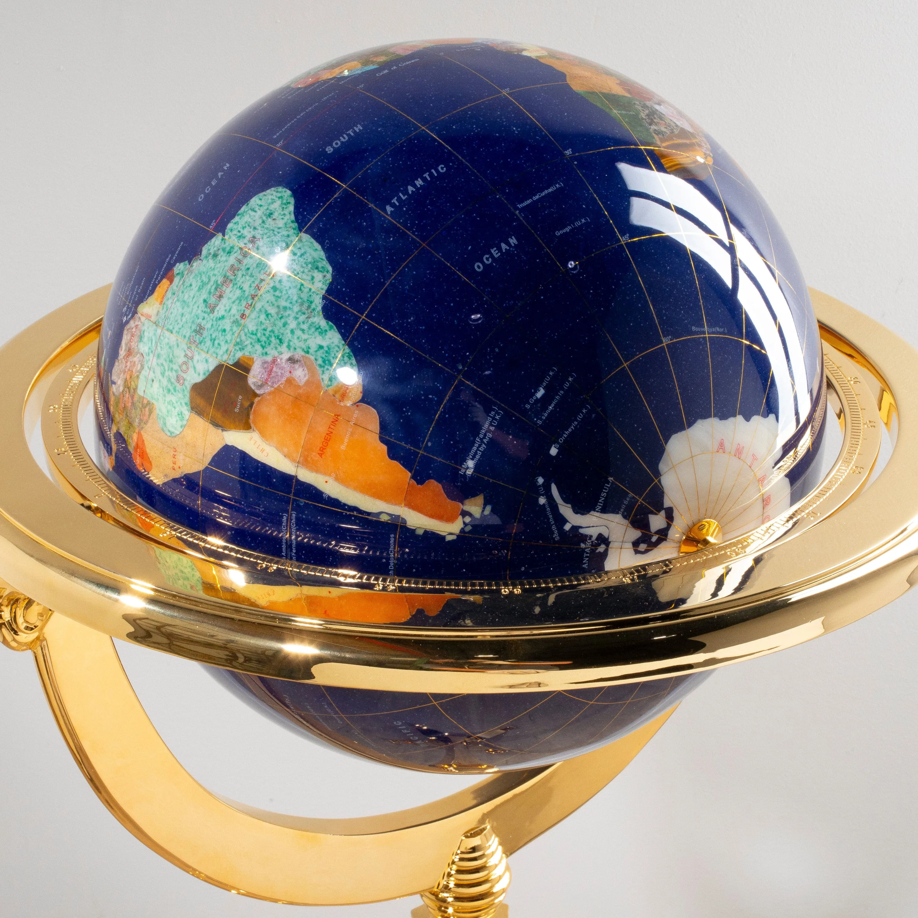 49" Tall Gemstone Globe with 13" Lapis Ocean on 24k Gold Plated Navigator 4-Leg Stand