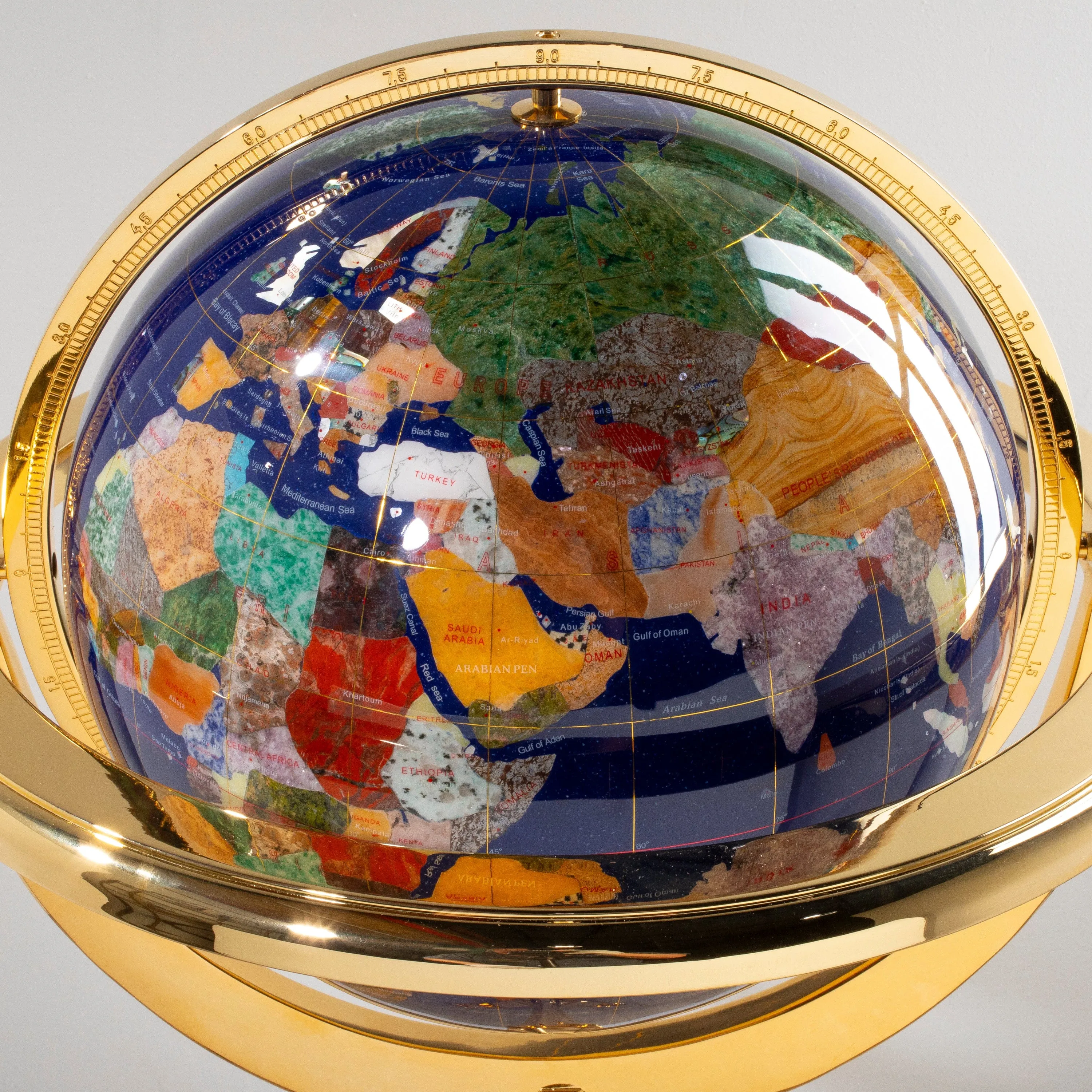 49" Tall Gemstone Globe with 13" Lapis Ocean on 24k Gold Plated Navigator 4-Leg Stand