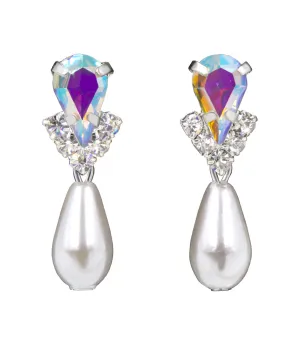 #5538ABS - Rhinestone Pear V Pearl Drop Earrings - AB Silver Plated