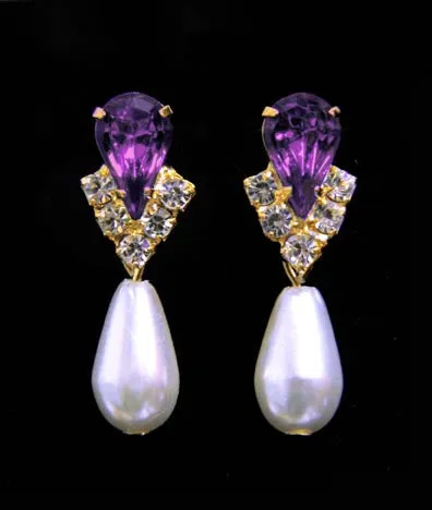 #5538AMYG - Rhinestone Pear V Pearl Drop Earrings - Amethyst Gold Plated