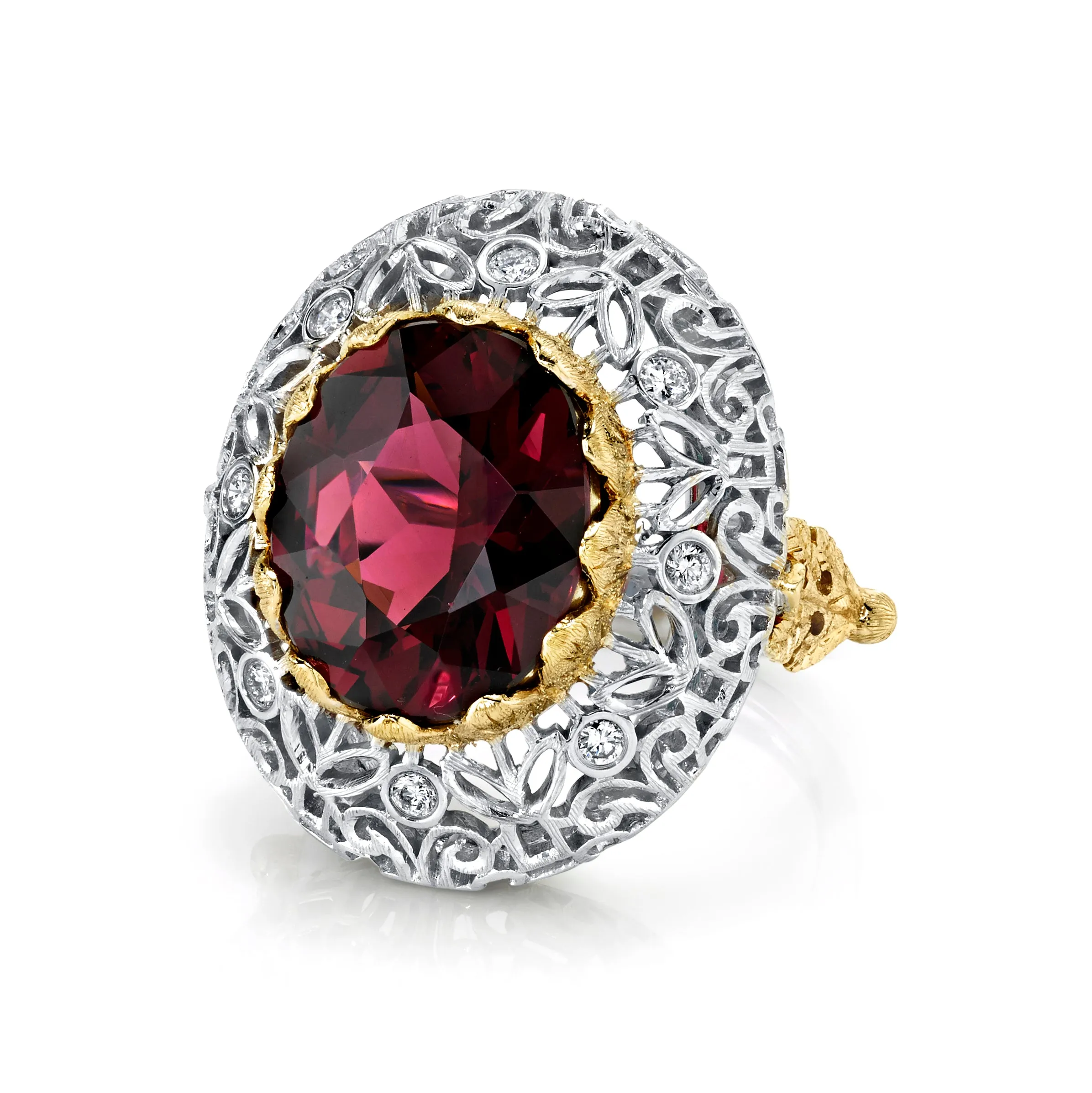 8.86 Carat Rhodolite Garnet and Diamond White and Yellow Gold Cocktail Ring