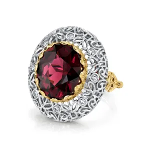 8.86 Carat Rhodolite Garnet and Diamond White and Yellow Gold Cocktail Ring