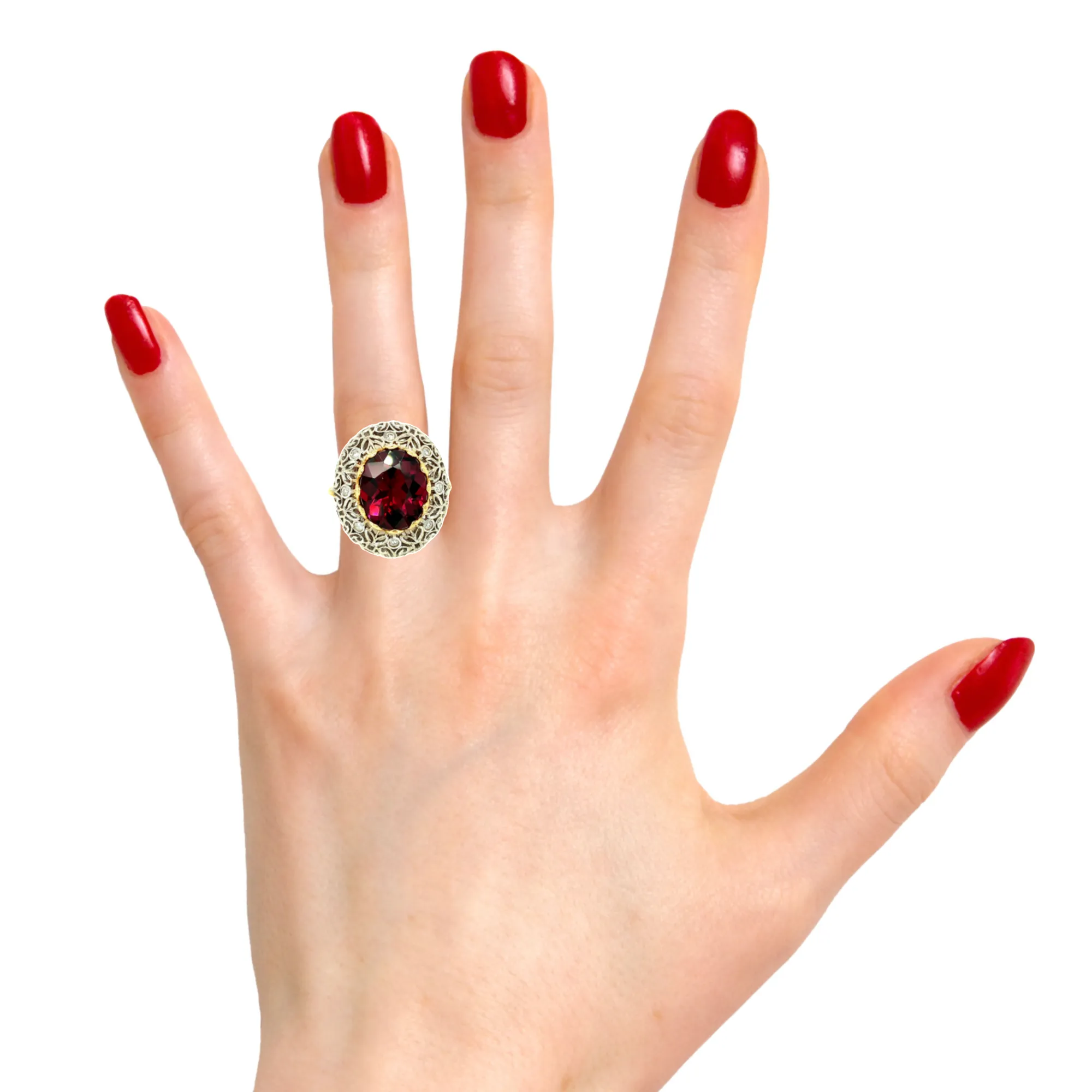 8.86 Carat Rhodolite Garnet and Diamond White and Yellow Gold Cocktail Ring