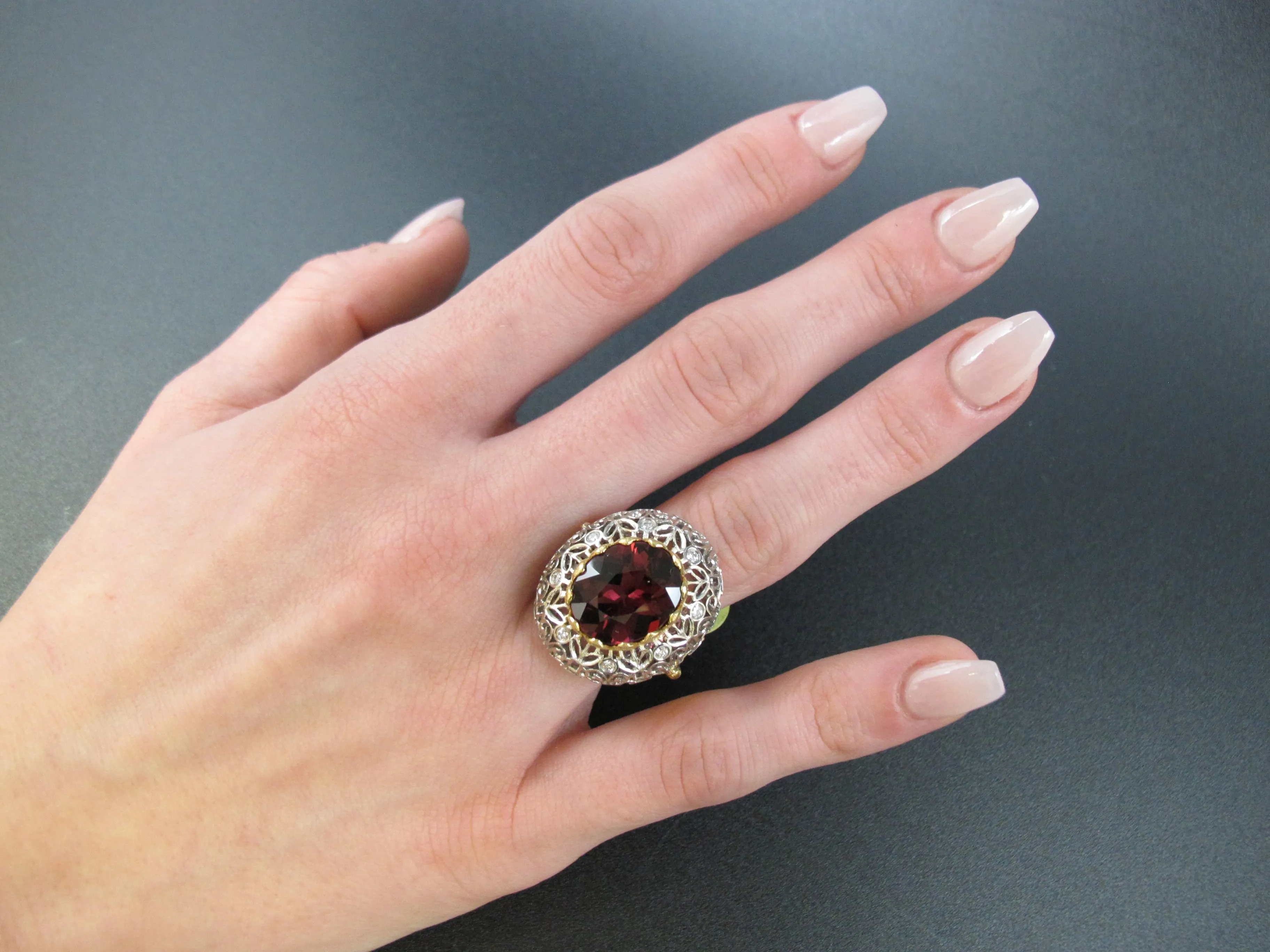 8.86 Carat Rhodolite Garnet and Diamond White and Yellow Gold Cocktail Ring