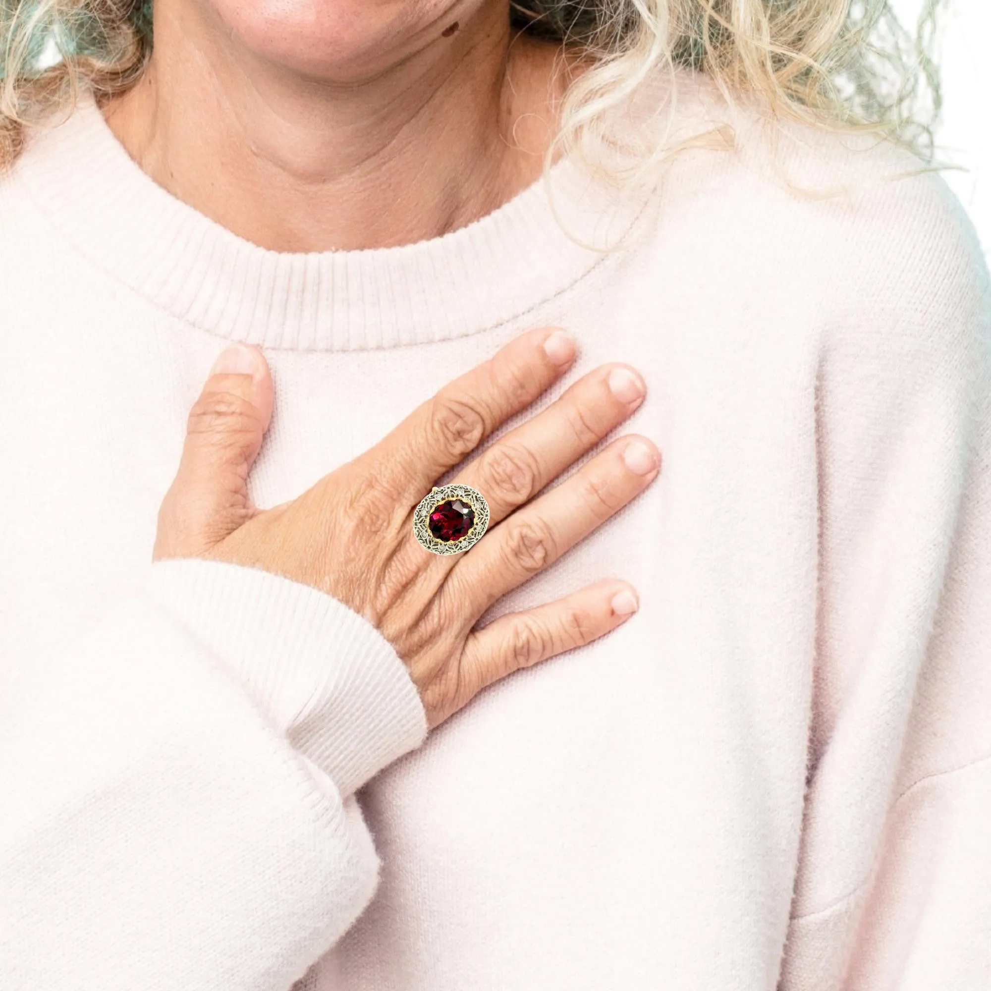8.86 Carat Rhodolite Garnet and Diamond White and Yellow Gold Cocktail Ring