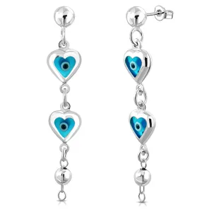 925 Sterling Silver Love Heart Blue Evil Eye Protection Dangle Drop Earrings. 2.25"