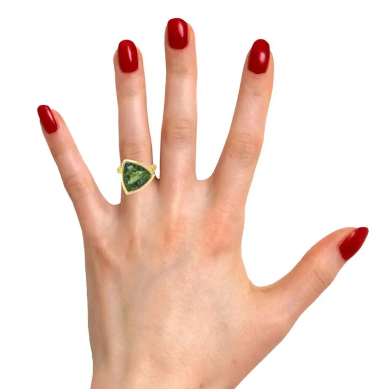 9.92 Carat Trillion Shape Green Tourmaline and Diamond Yellow Gold Bezel Ring