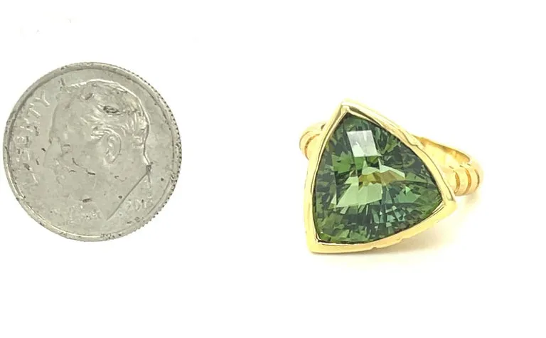 9.92 Carat Trillion Shape Green Tourmaline and Diamond Yellow Gold Bezel Ring