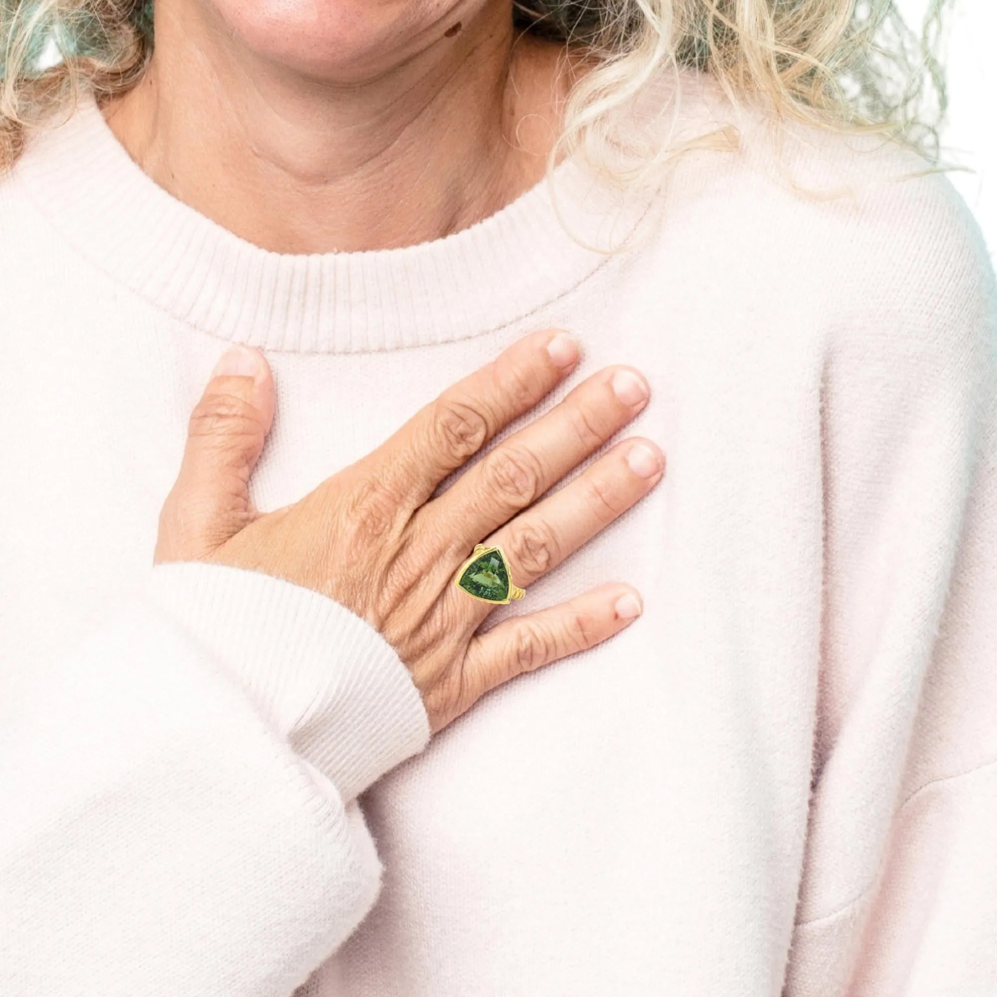 9.92 Carat Trillion Shape Green Tourmaline and Diamond Yellow Gold Bezel Ring