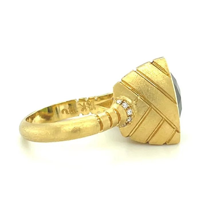9.92 Carat Trillion Shape Green Tourmaline and Diamond Yellow Gold Bezel Ring