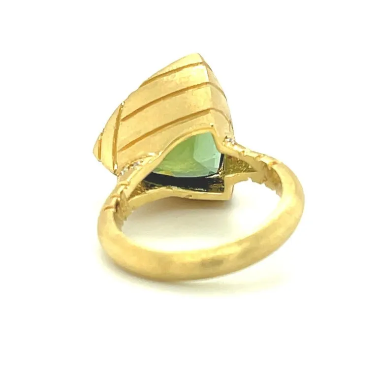 9.92 Carat Trillion Shape Green Tourmaline and Diamond Yellow Gold Bezel Ring