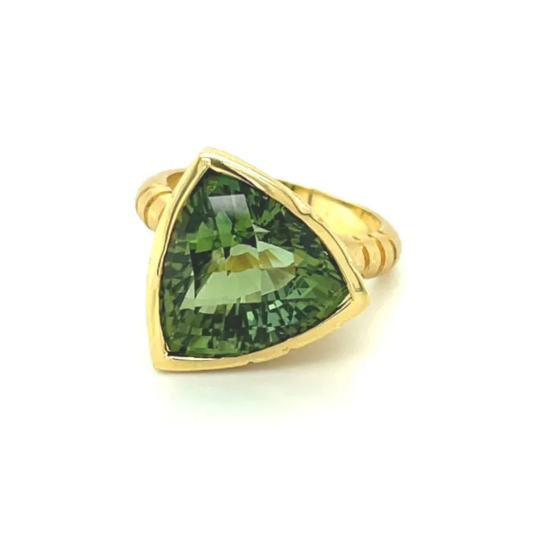 9.92 Carat Trillion Shape Green Tourmaline and Diamond Yellow Gold Bezel Ring