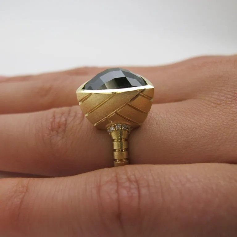 9.92 Carat Trillion Shape Green Tourmaline and Diamond Yellow Gold Bezel Ring