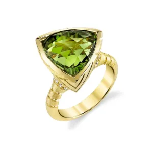 9.92 Carat Trillion Shape Green Tourmaline and Diamond Yellow Gold Bezel Ring